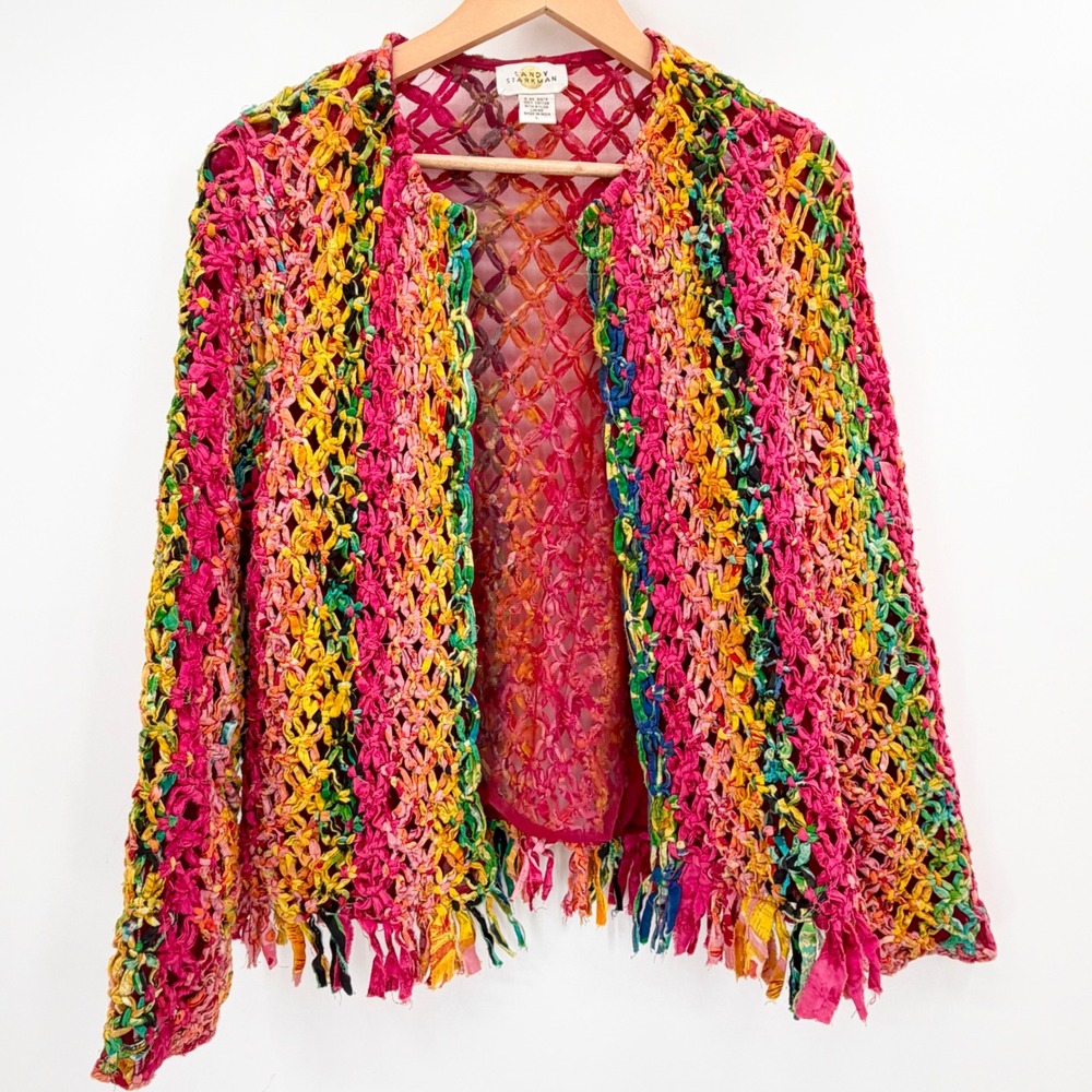 Sandy Starkman Art to Wear Crochet Cardigan Multicolor Boho Fringe Size L